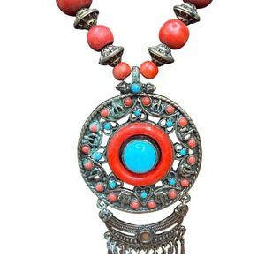 Boho‎ VTG retro Beaded Necklace Pendant Red Blue Resin funky fun statement